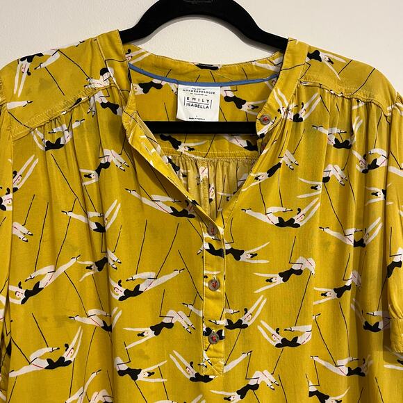 Anthropologie Top Emily Isabella Blouse Short Sleeve Shirt Yellow Trapeze Large - Picture 4 of 7